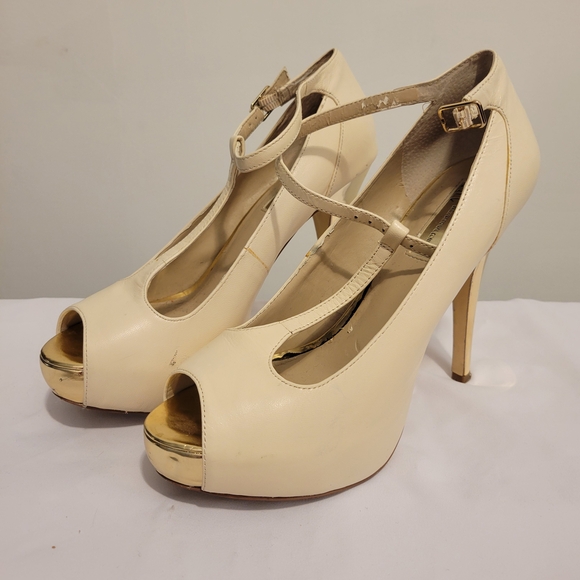 I-N-C Womens Dorty Cream/Gold Peep-Toe Platform High Heel - Picture 1 of 7